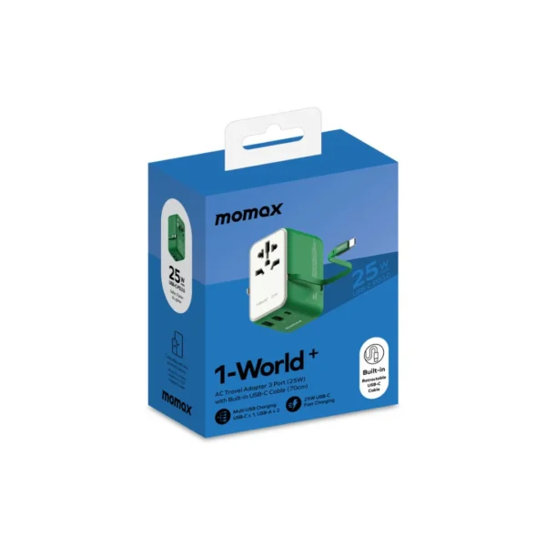 شاحن سفر تيار متردد 1-وورلد 70 واط GaN ب 3 منافذ وكيبل USB-C مدمج من Momax | أزرق